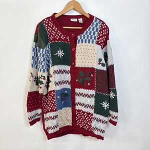 Vintage‎ Cherokee Winter Holiday Christmas Patchwork Cardigan Sweater 14W/16W